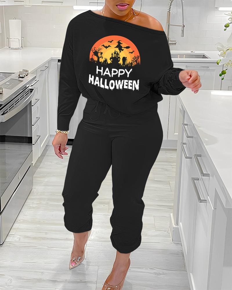 

Happy Halloween Witch Silhouette Print Top & Cuffed Pants Set, Black