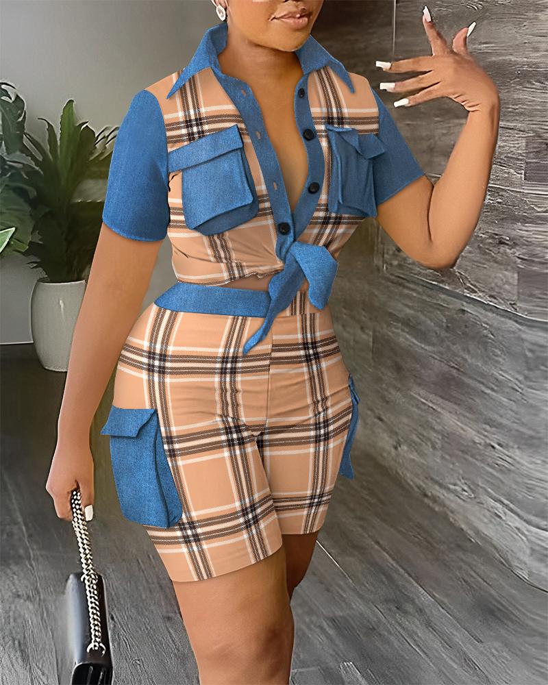 

Plaid Print Patchwork Buttoned Crop Top & Shorts Set, Brown