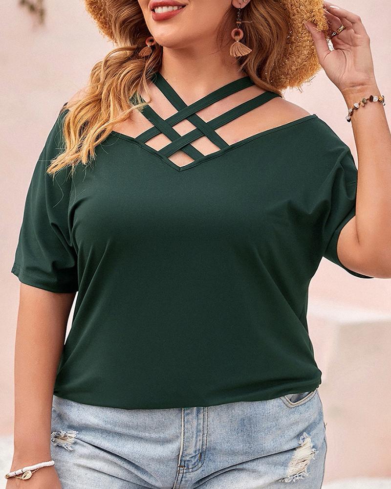 

Plus Size Cold Shoulder Cutout Short Sleeve T-shirt, Green