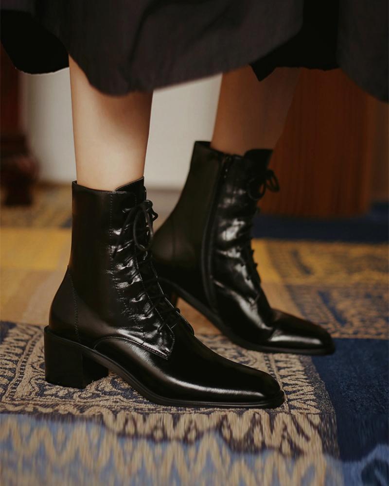 

Square Toe Side Zipper Lace-up Chunky Boots, Black