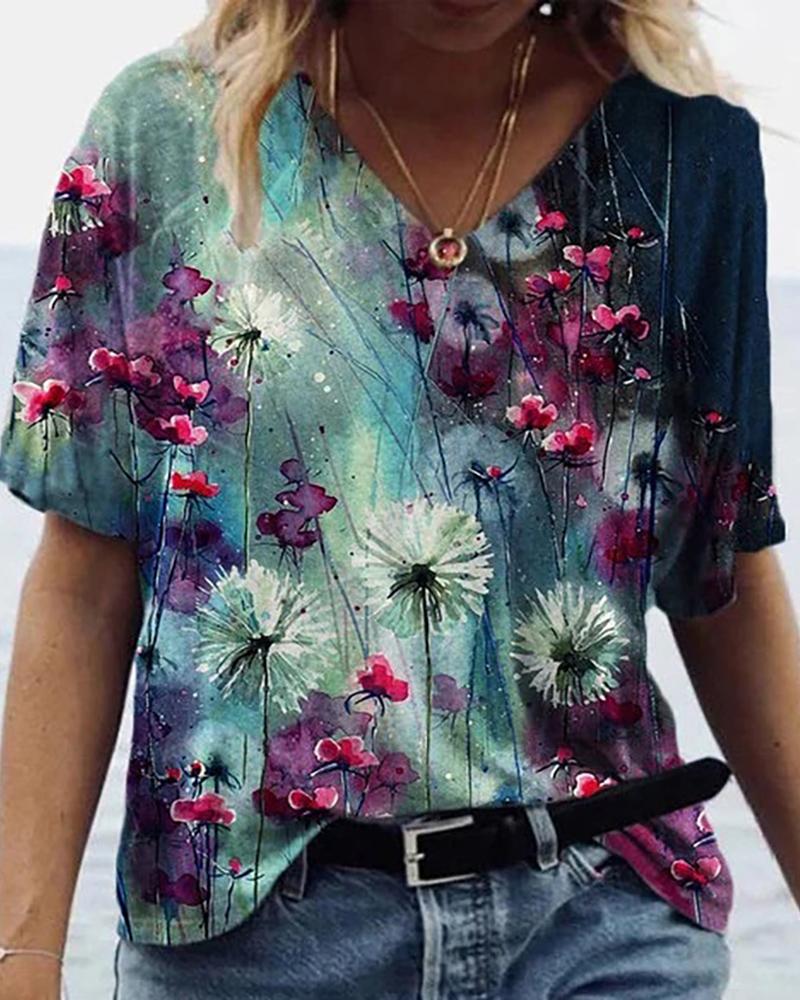 

Floral Graphic Print Short Sleeve Casual T-Shirt, Blue