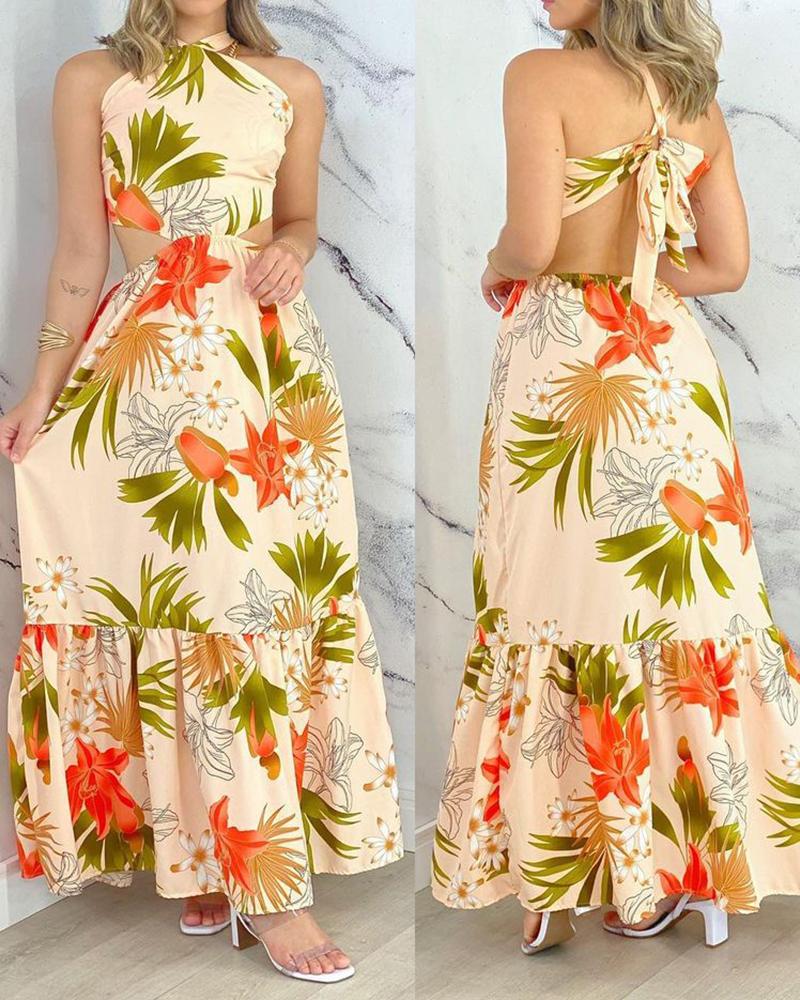 

Halter Tied Detail Floral Print Maxi Dress, Apricot