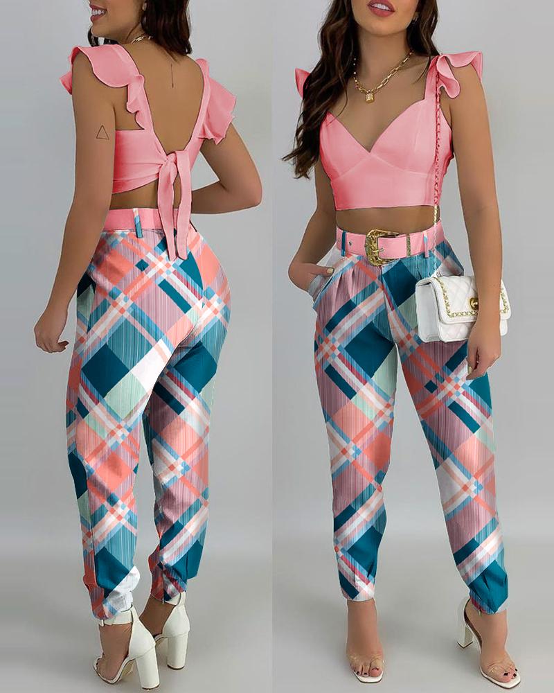 

Plaid Print Ruffle Trim Tie Back Crop Tank Top & Pants Set, Pink