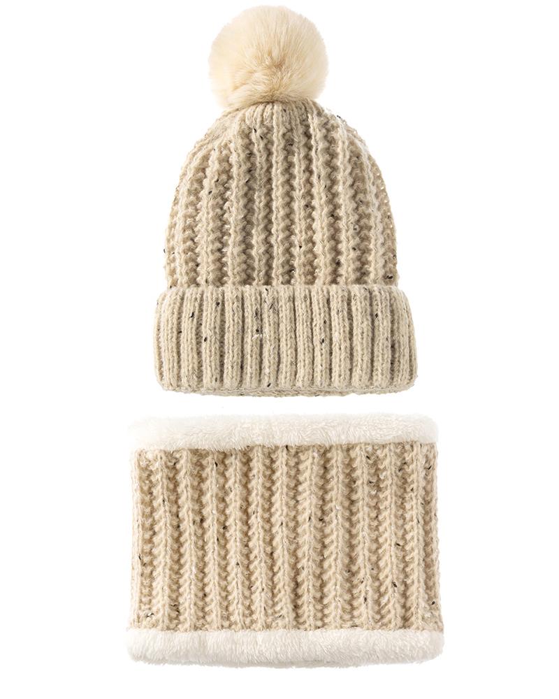 

2pcs Pom Pom Winter Hat & Fleece Lined Neck Warmer Set, Nude