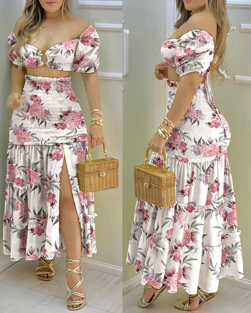 

Floral Print O-Ring Crop Top & Shirred Frill Hem Slit Maxi Skirt Set, White