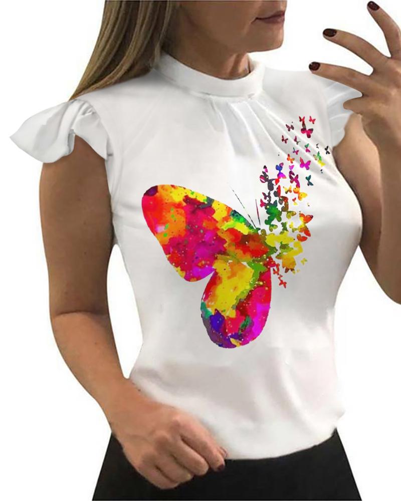 

Butterfly Print Flutter Sleeve Top, White