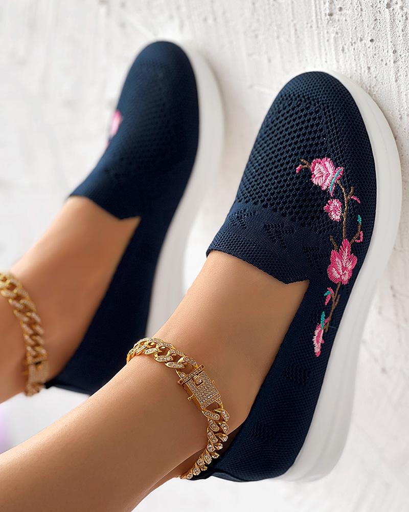 

Floral Embroidery Breathable Wedge Loafers, Purplish blue