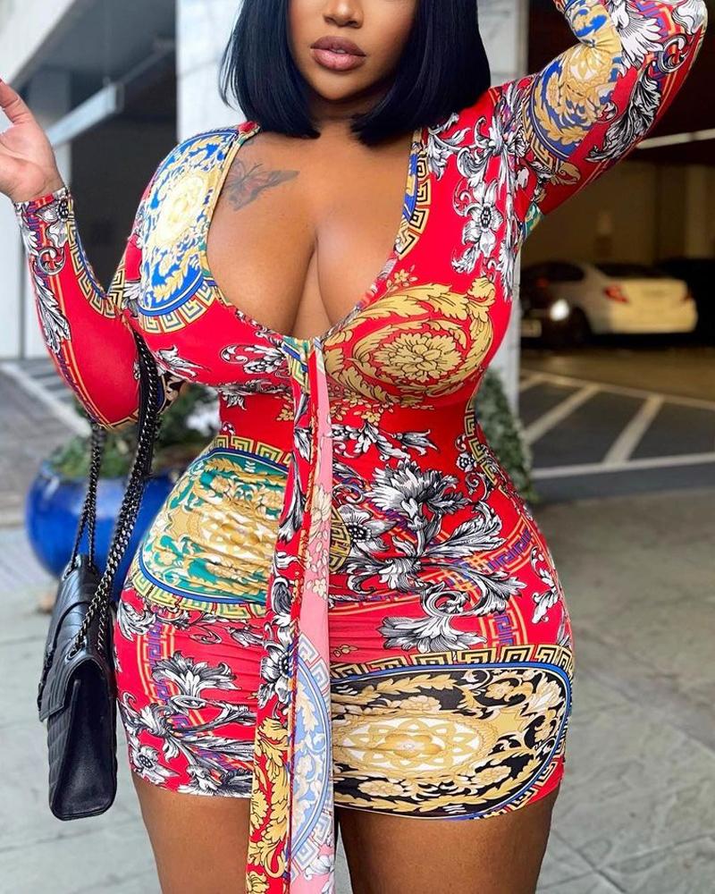 

Plus Size Baroque Print Long Sleeve Bodycon Dress, Red