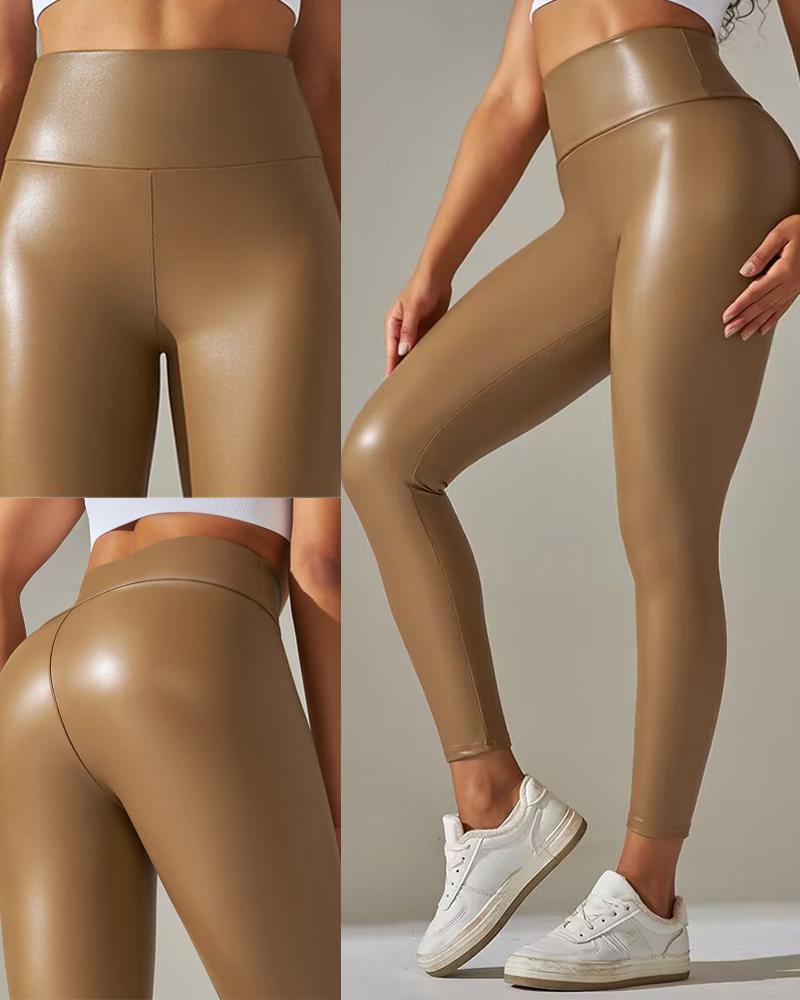 

Plus Size High Waist PU Leather Skinny Pants, Yellow