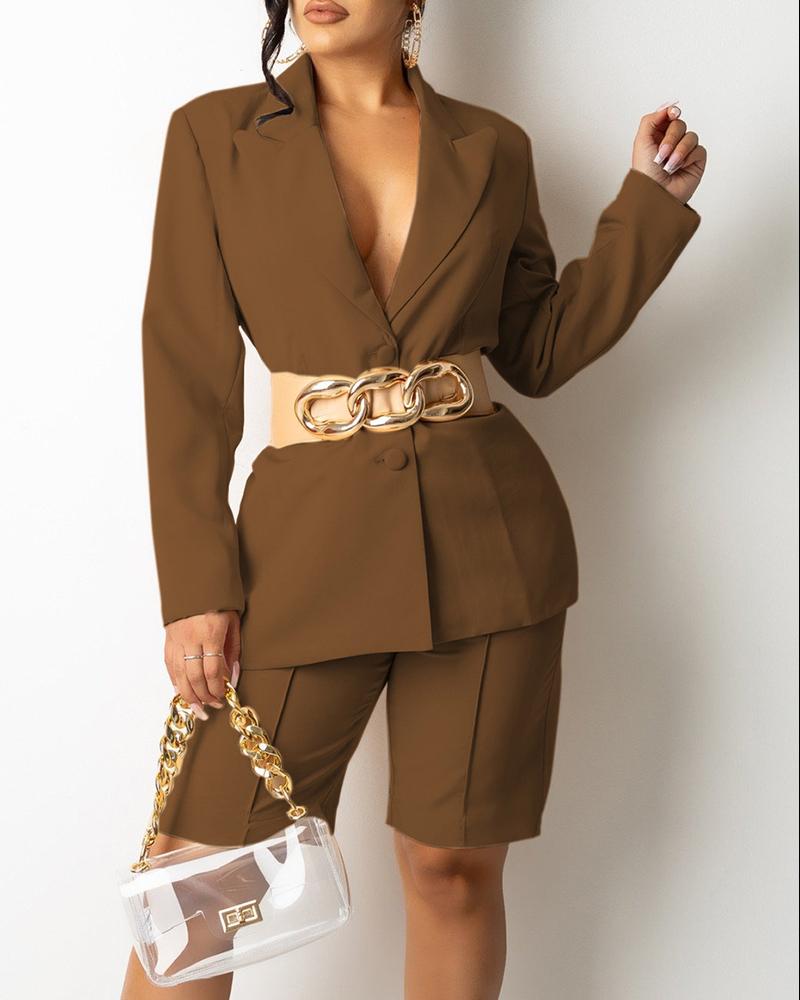 

Long Sleeve Buttoned Blazer Coat & Shorts Set, Coffee