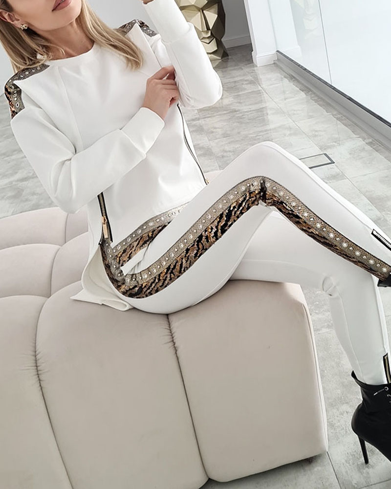 

Contrast Sequin Zip Detail High Low Hem Top & Pants Set, White