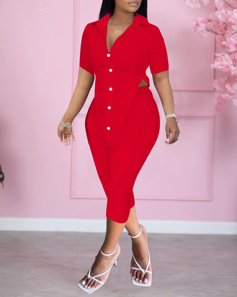 

Button Front Hanky Hem Top & Capris Pants Set, Red