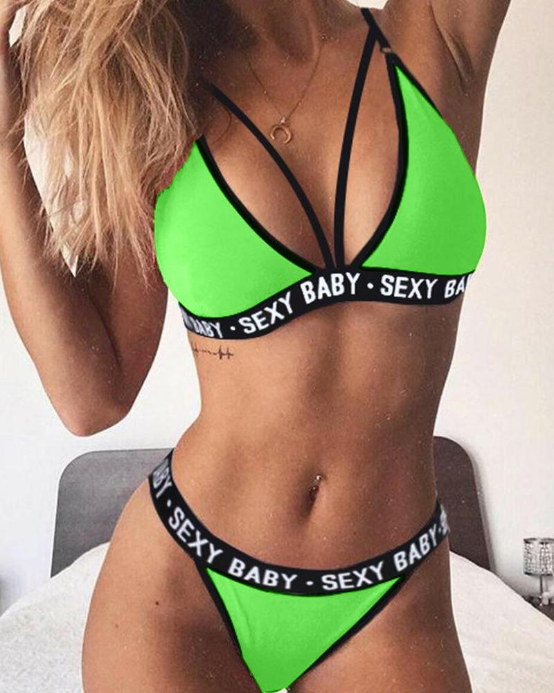 

Letter Print Cutout Spaghetti Strap Bikini Set, Green