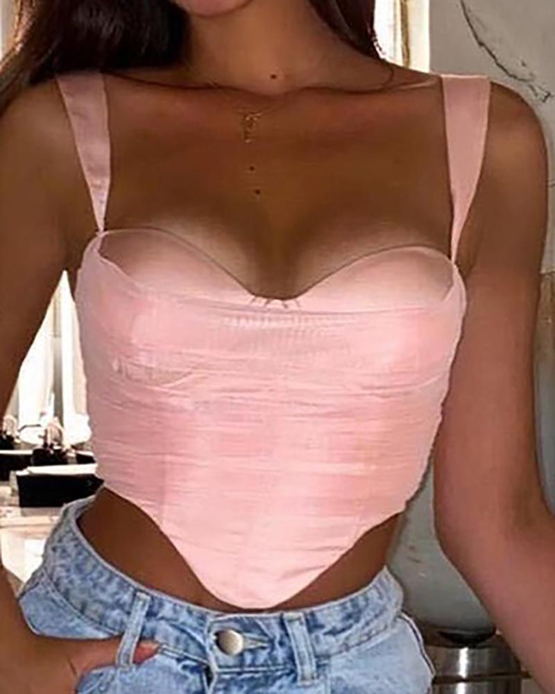 

Solid Color Sleeveless Ruched Skinny Cropped Top, Pink