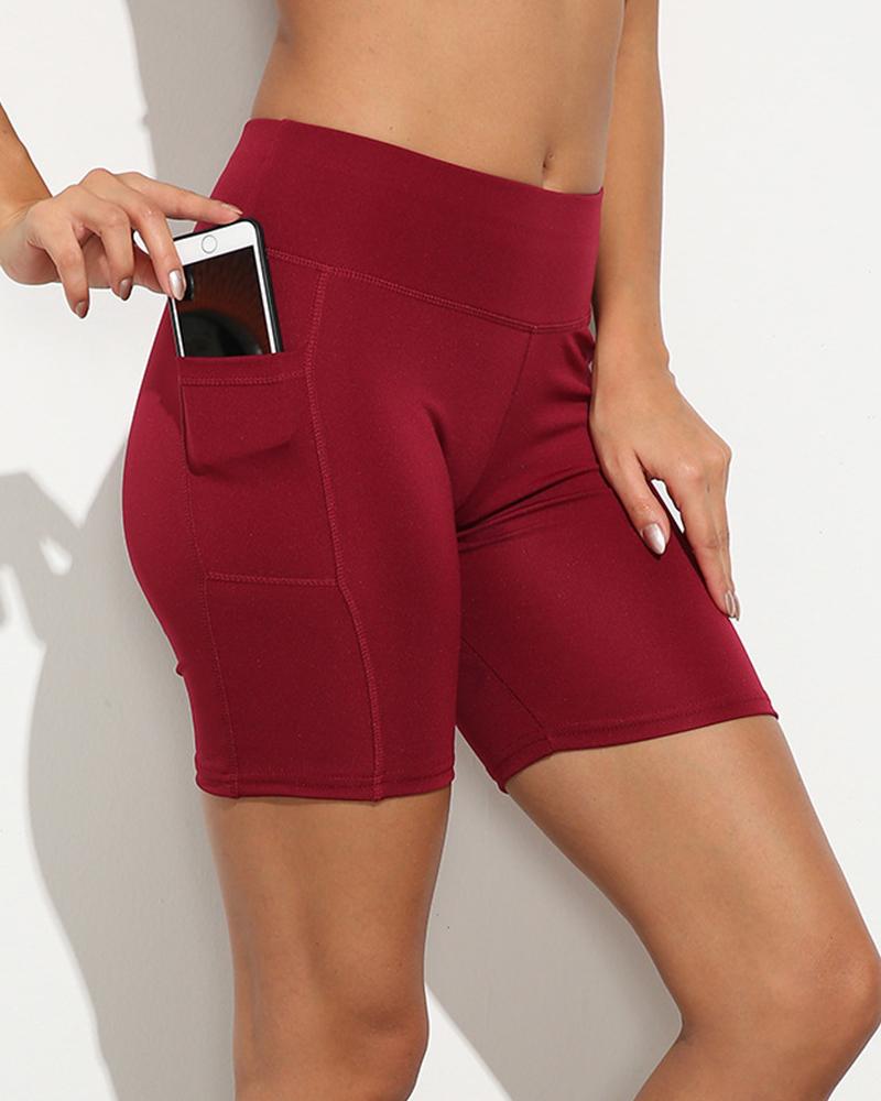 

High Waist Solid Color Yoga Short Pants, Wine red