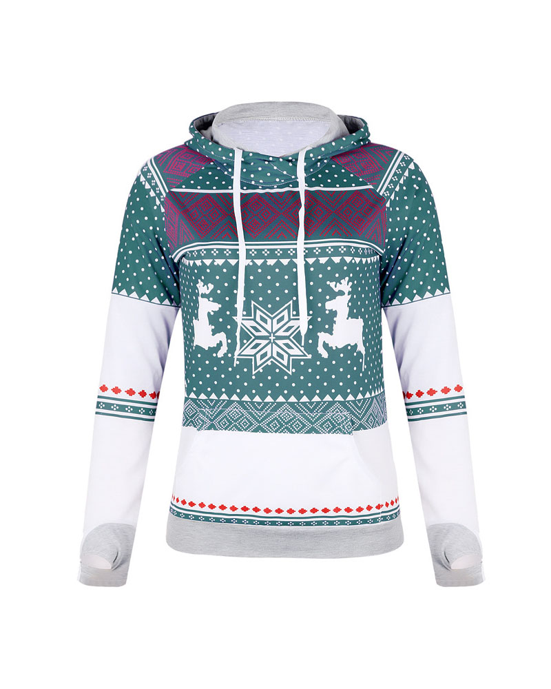 

Christmas Snowflake Elk Print Drawstring Hoodie, Green