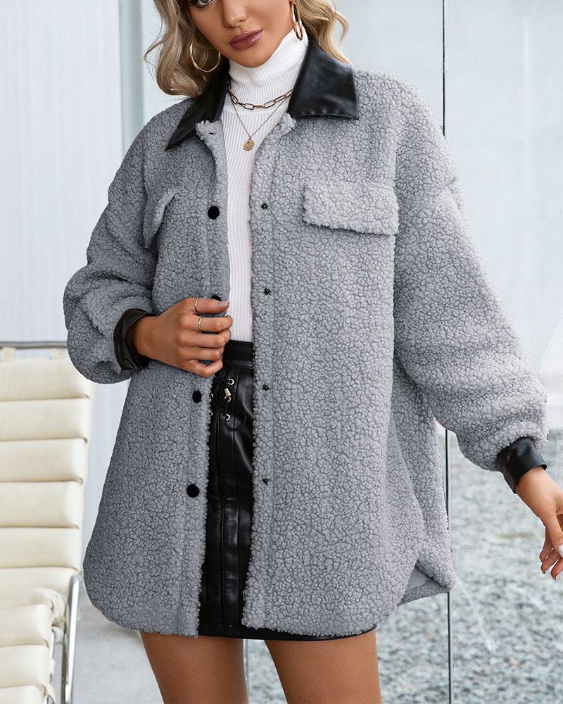 

PU Leather Patch Button Front Teddy Shacket, Gray