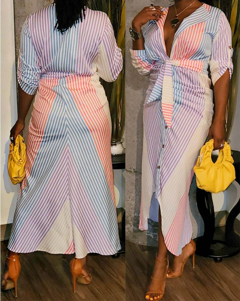 

Plus Size Striped Print Long Sleeve Ruched Shirt Dress, Multicolor