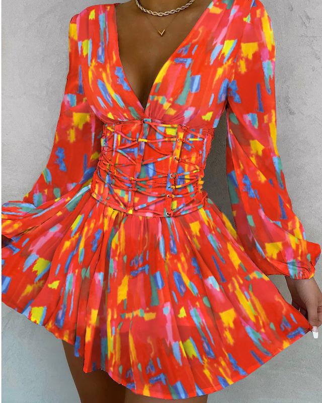 

All Over Print V-Neck Lace Up Fold Pleat Dress, Multicolor