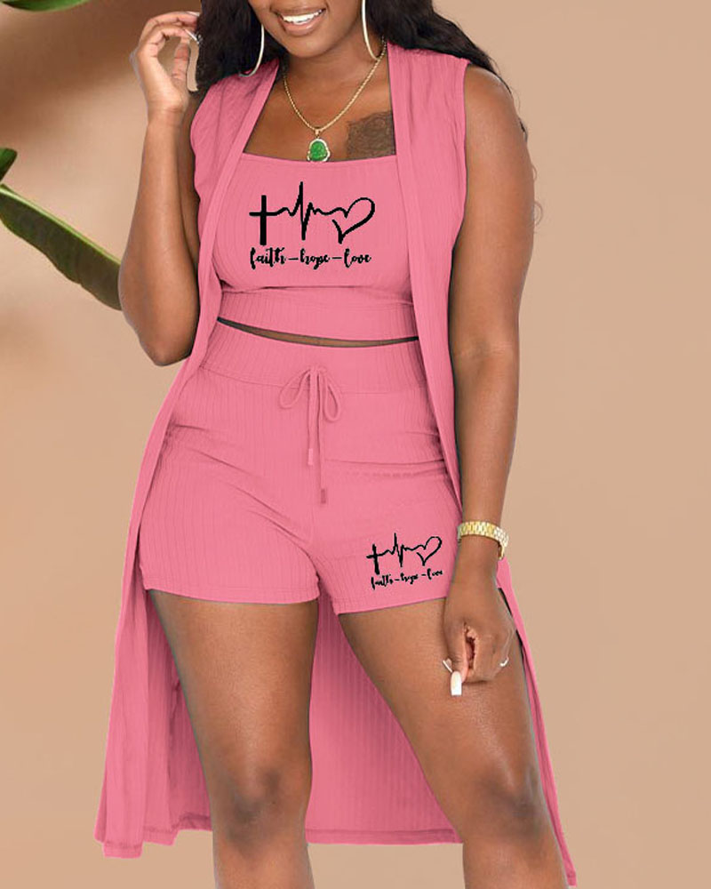 

Plus Size 3PCS Letter Heart Print Ribbed Crop Top & Shorts Set With Cardigan, Pink