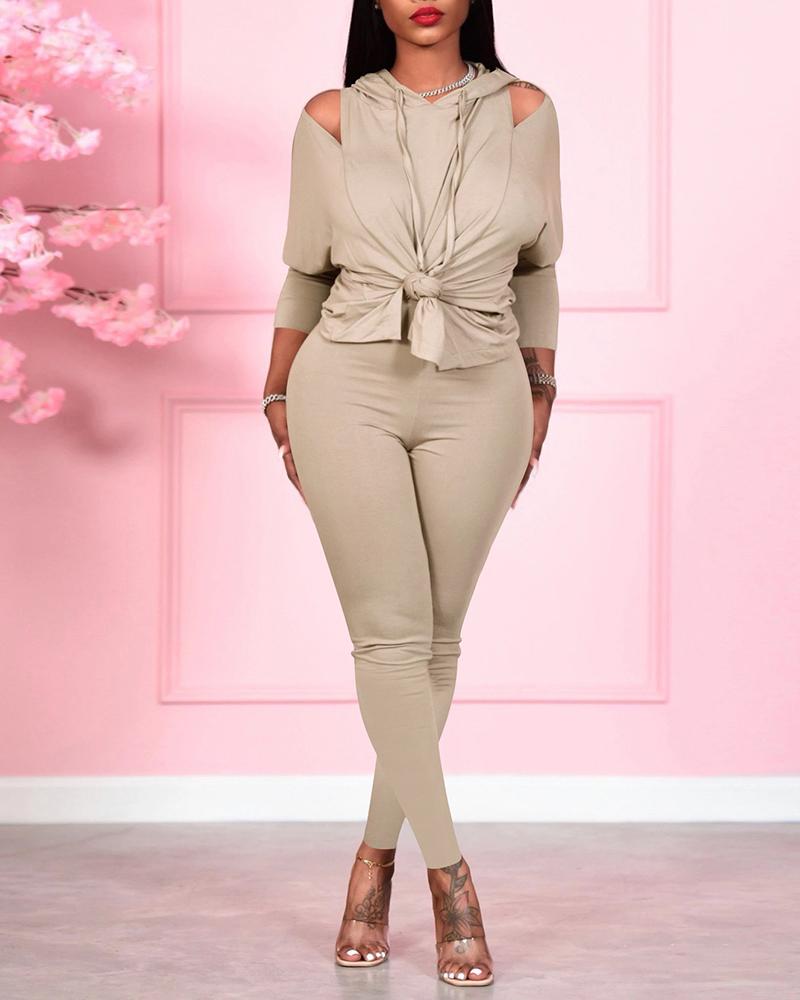 

Cold Shoulder Slit Hooded Top & Pants Set, Apricot