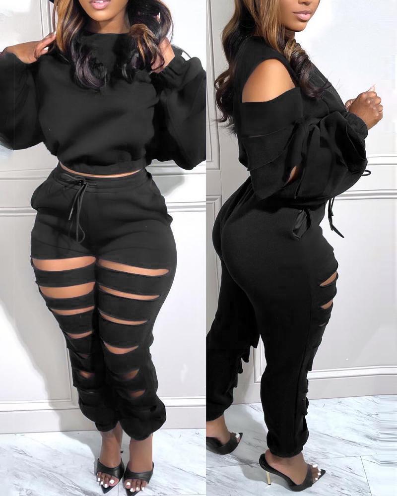 

Ladder Cutout Long Sleeve Top & Drawstring Pants Set, Black