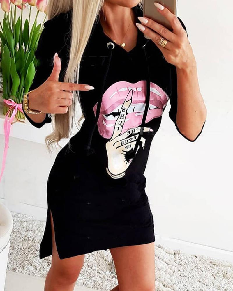 

Lip Letter Slogan Print Slit Hem Drawstring Hoodie, Black
