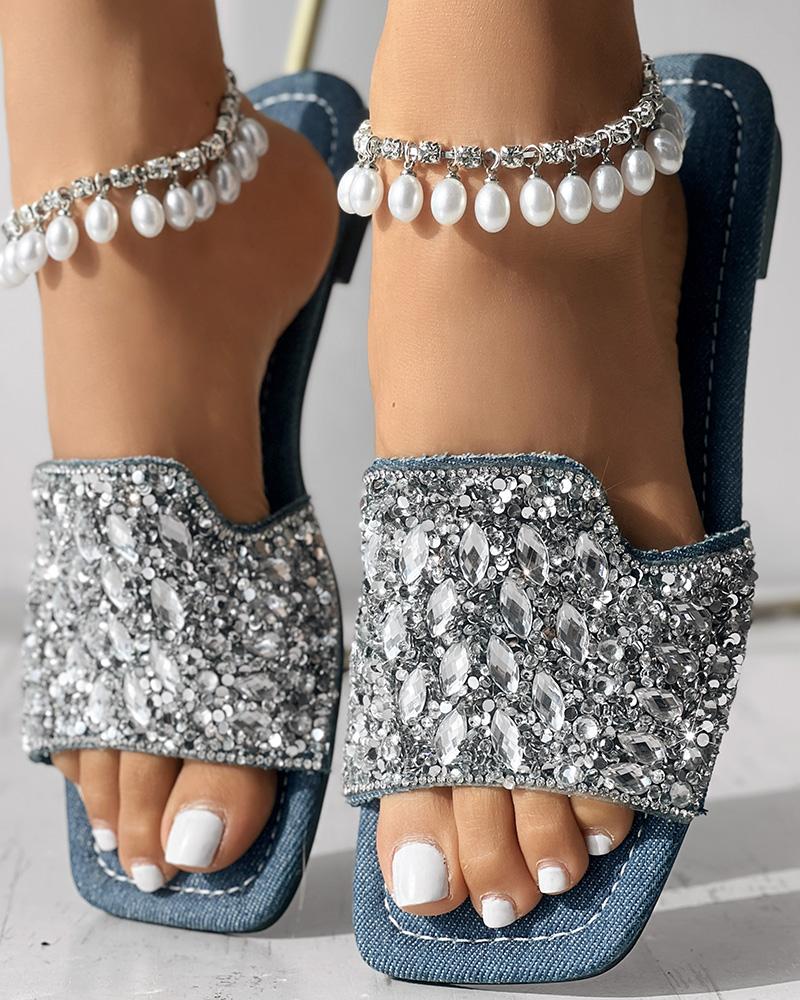 

Pantuflas de mezclilla con tira ancha y diamantes de imitación, Blue