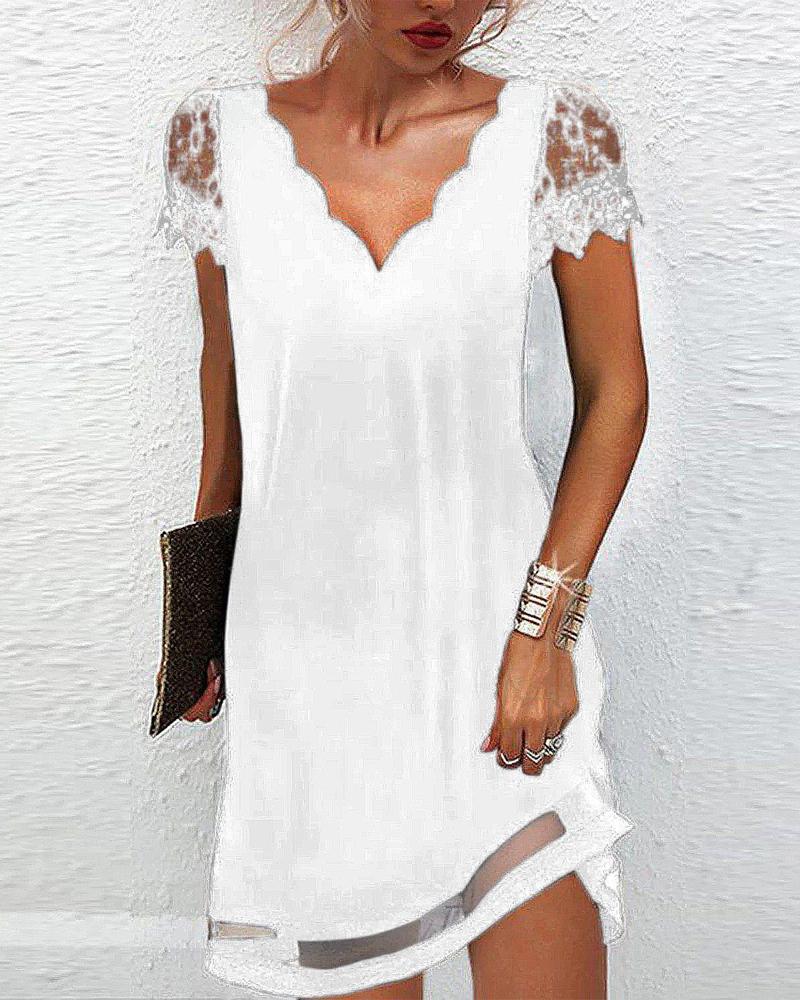 

Contrast Lace Scallop Trim Casual Dress, White
