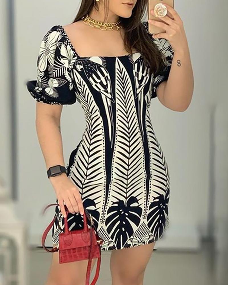 

Square Neck Plant Print Backless Dress, Black