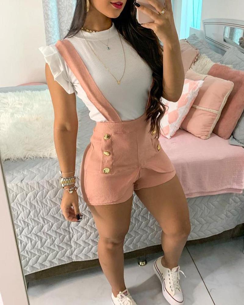 

Button Decor Casual Suspender Romper, Pink