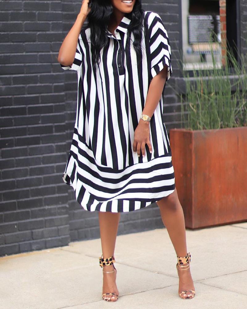 

Striped Print Button Design Half Sleeve Shirt Dress, White