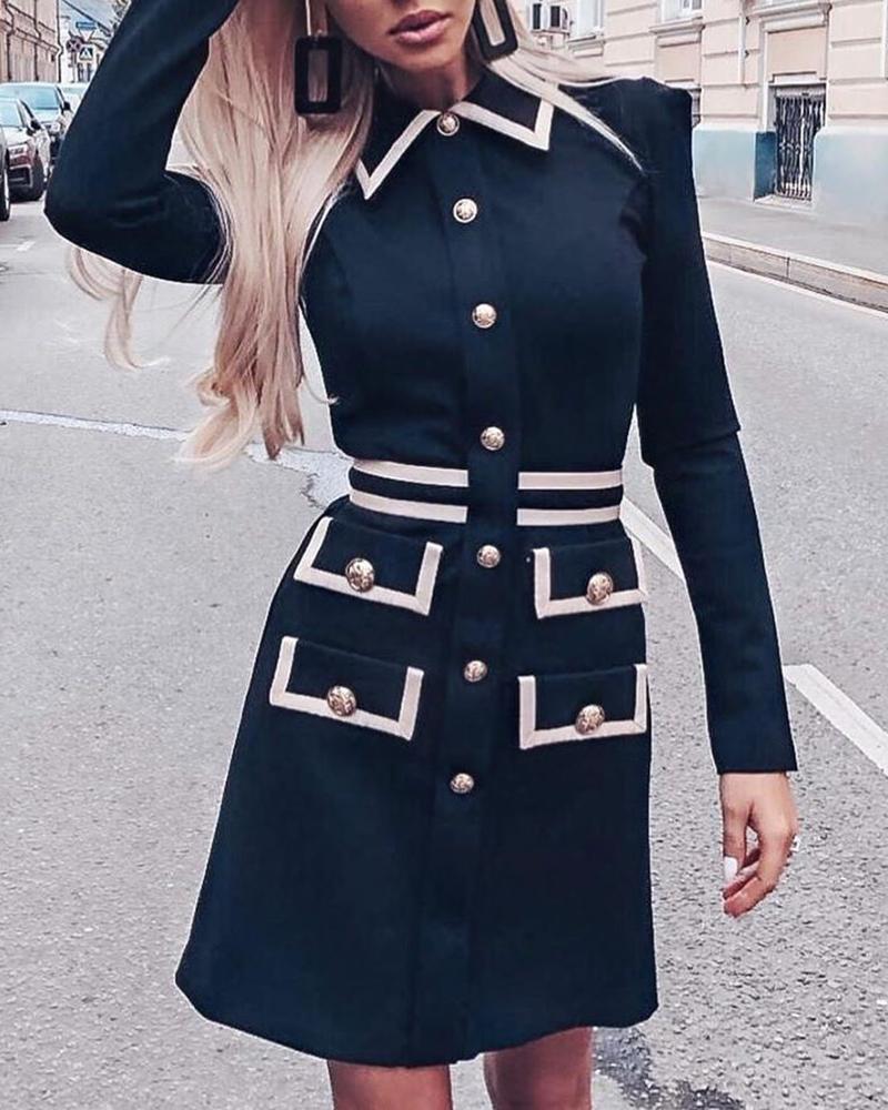 

Turn-down Collar Buttoned Pocket Design Blazer Dress, Black