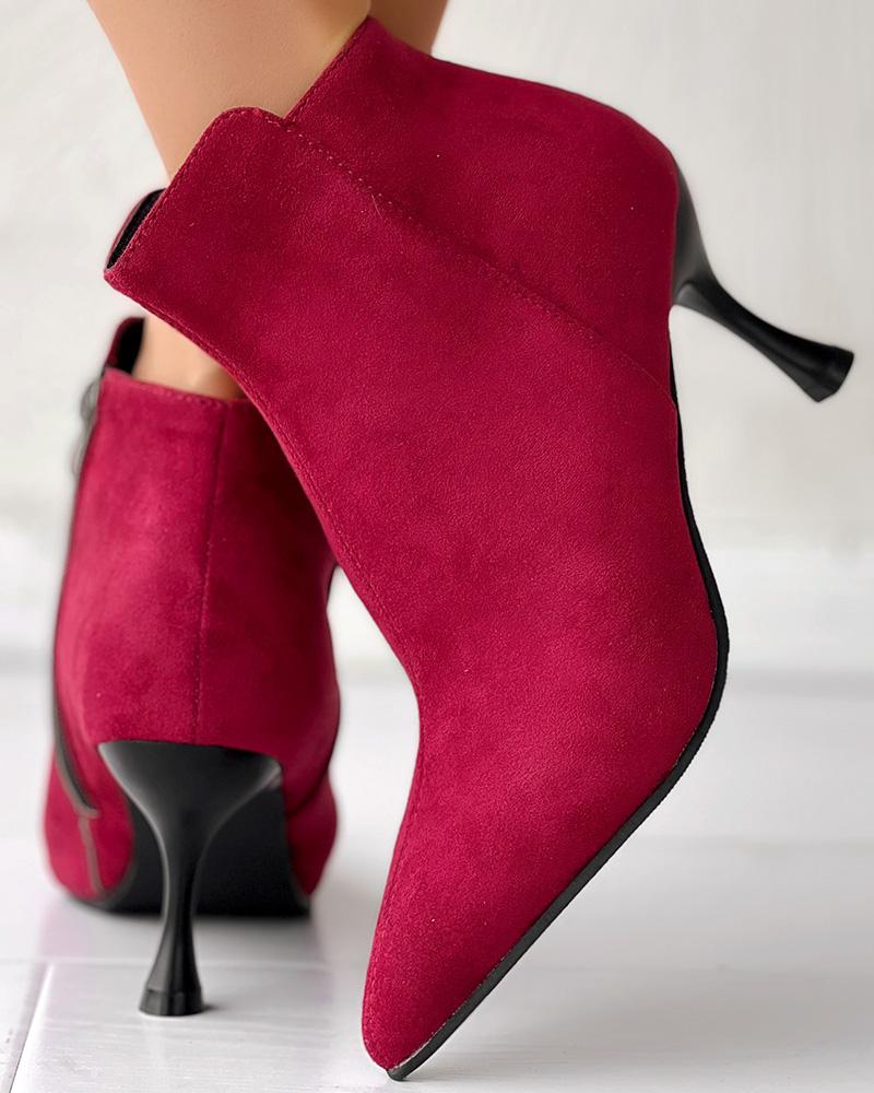 

Side Zipper Pyramid Heel Ankle Boots, Red