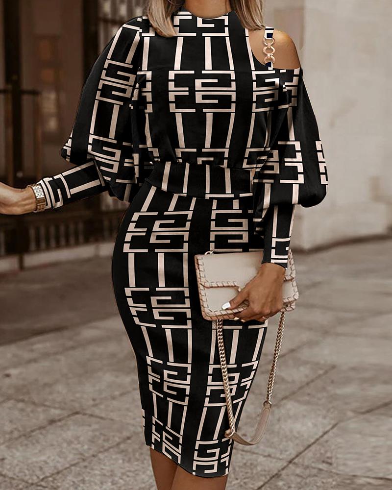 

Geometric Print Cold Shoulder Lantern Sleeve Midi Dress, Black