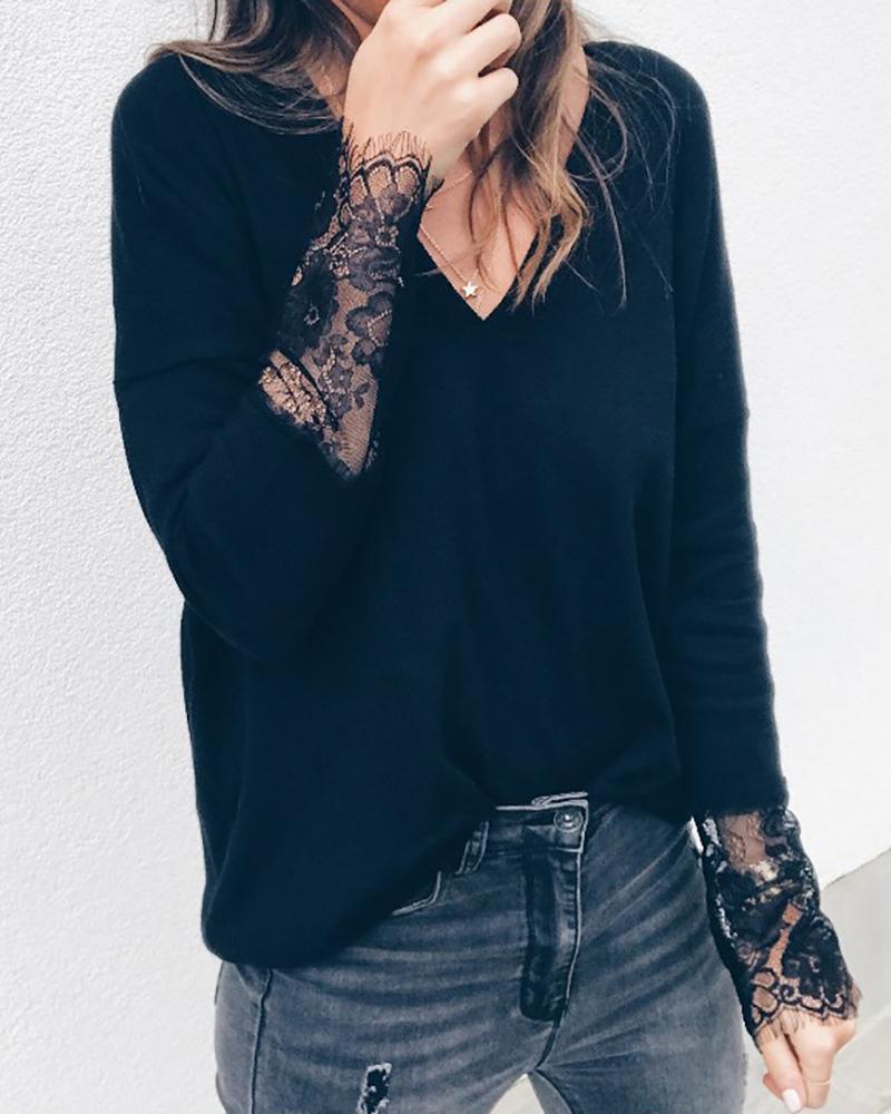 

V Neck Lace Insert Casual Blouse, Black