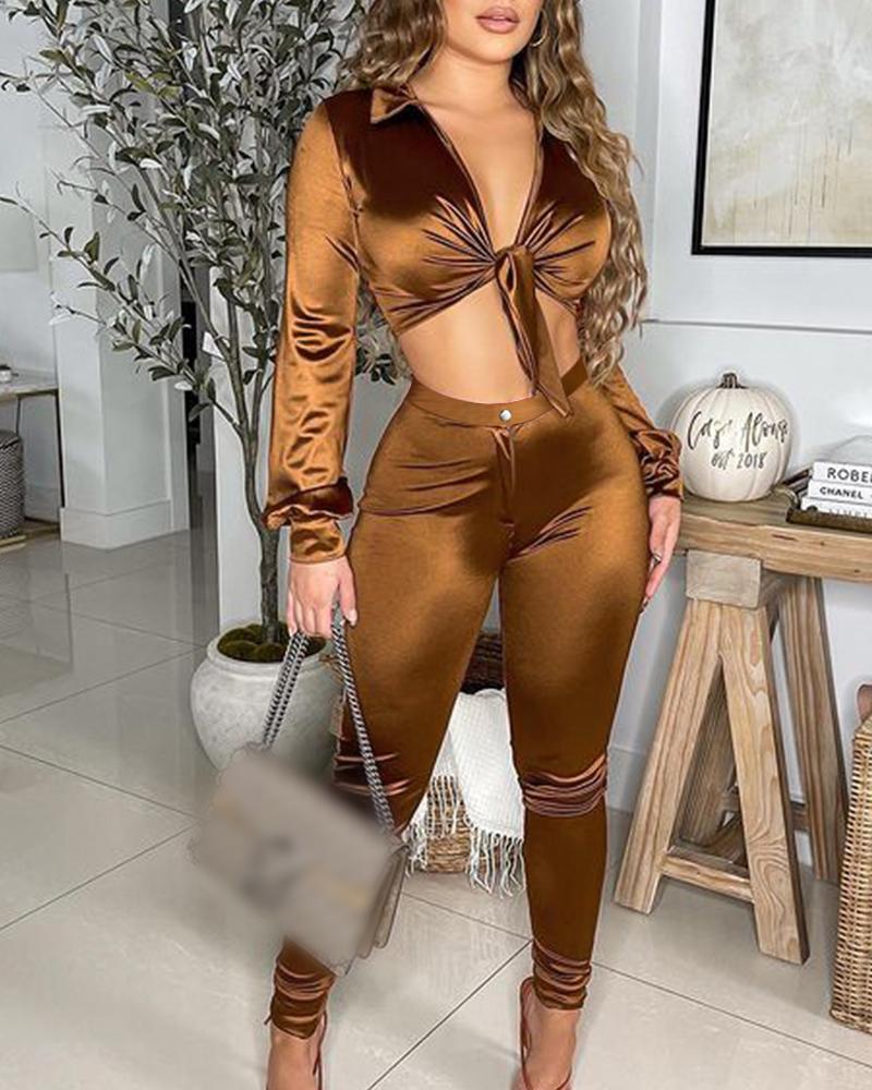 

Satin Long Sleeve Knot Front Crop Top & Pants Set, Brown