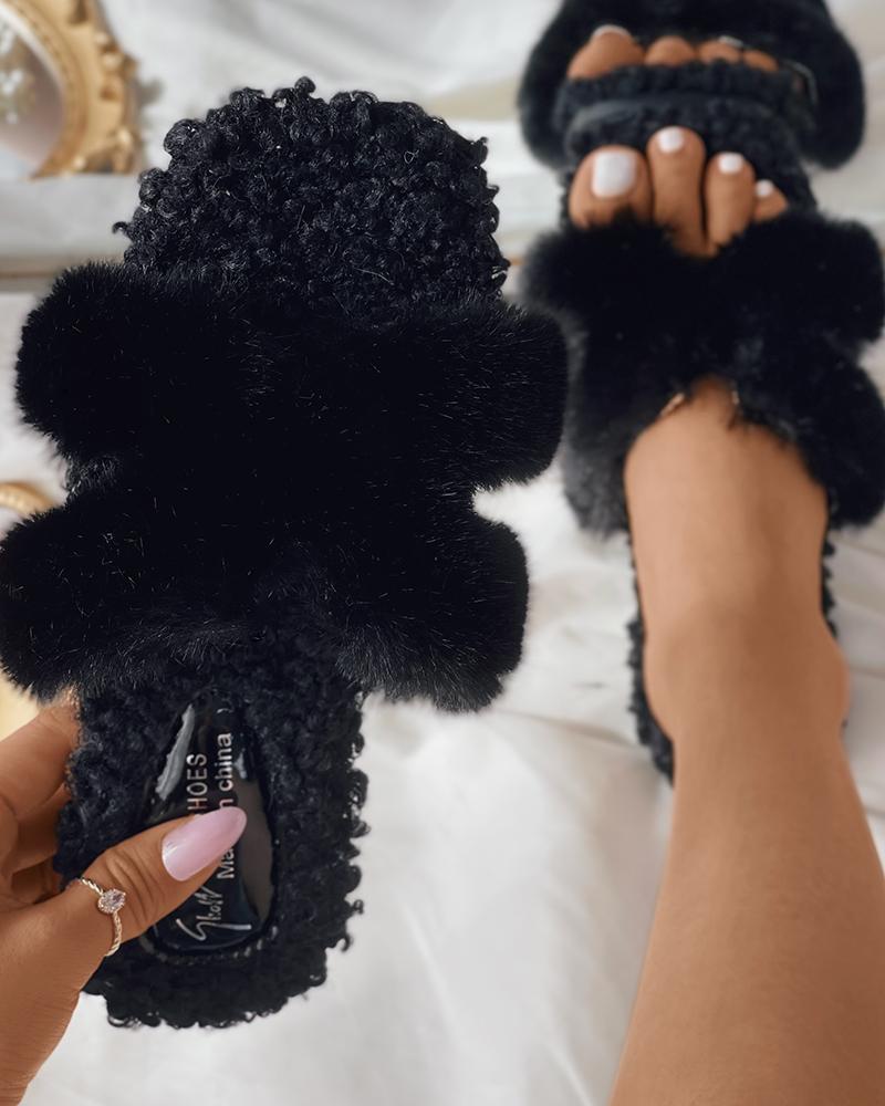

Square Toe Cutout Fluffy Slippers, Black