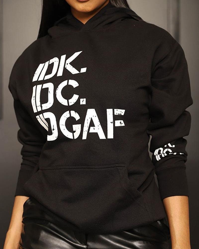 

Letter Print Long Sleeve Casual Hoodie, Blackwhite