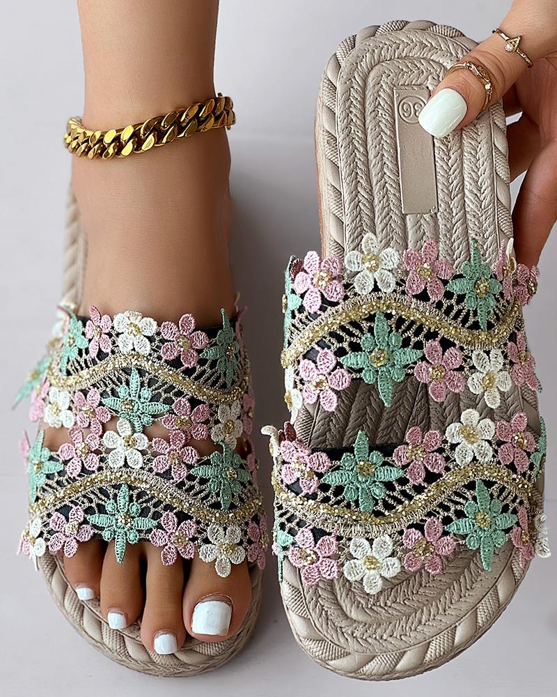 

Lace Floral Pattern Double Strap Summer Sandals, Black