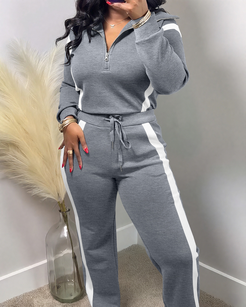

Conjunto de 2 piezas: Top de manga larga con media cremallera y pantalón con cintura elástica con cordón, conjunto informal con paneles laterales en contraste., Gray