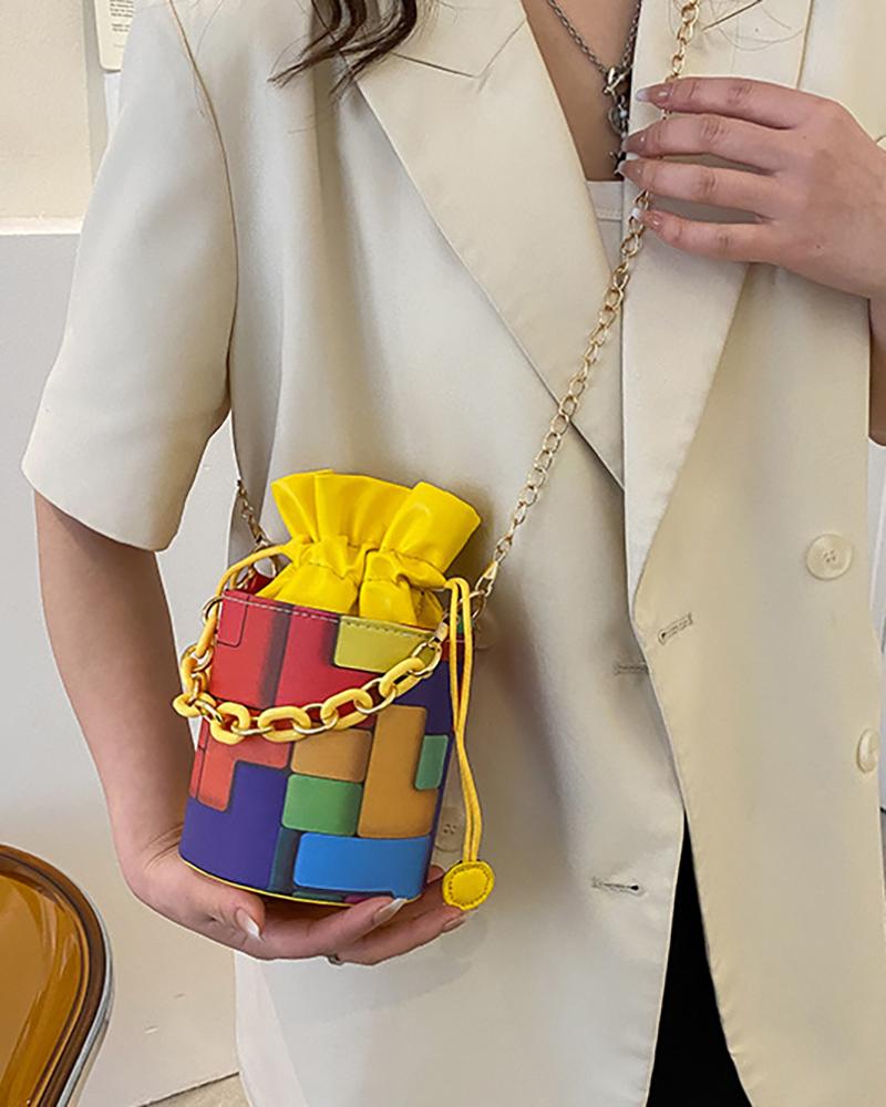 

Colorblock Painting Print Bucket Bag With Inner Pouch, Yellow