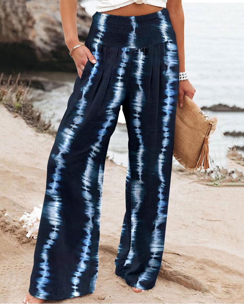 

Tie Dye Print High Waist Wide Leg Pants, Purplish blue