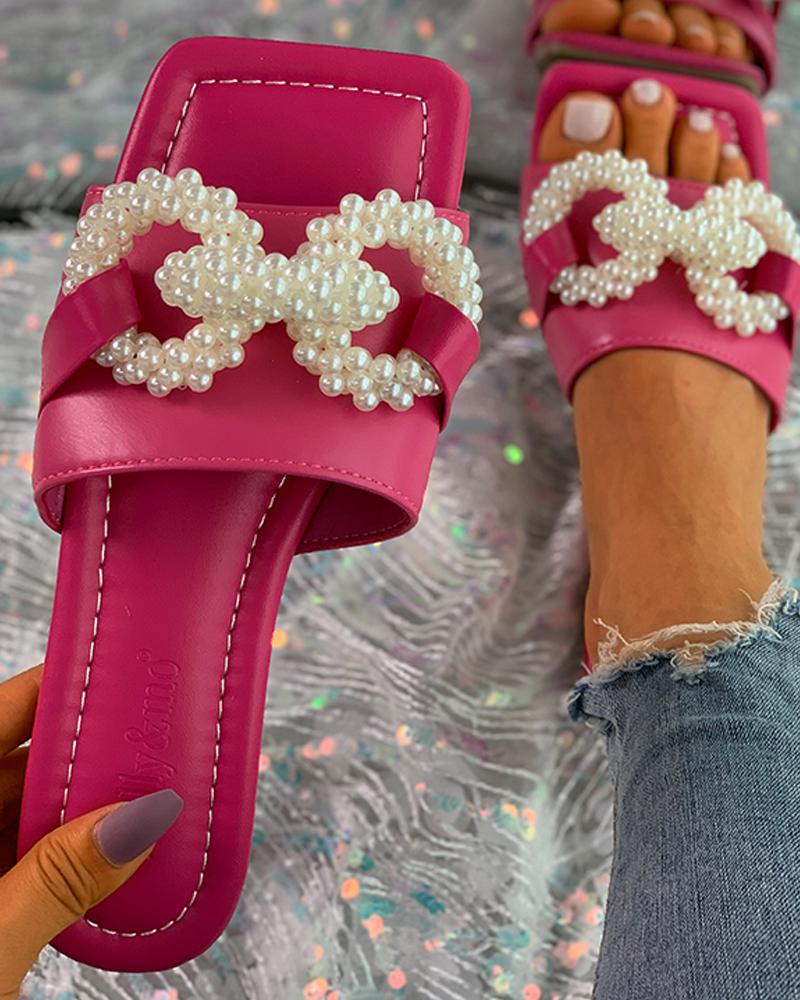 

Square Toe Beaded Slippers, Hot pink