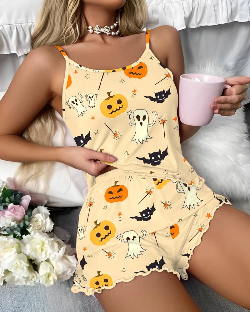 

Halloween Pumpkin Ghost Bat Graphic Print Sleep Cami Set, Apricot