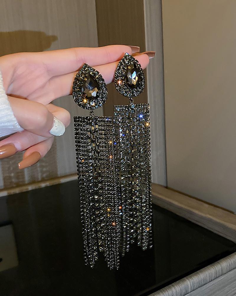 

1Pair Rhinestone Tassel Water Drop Earrings, Black