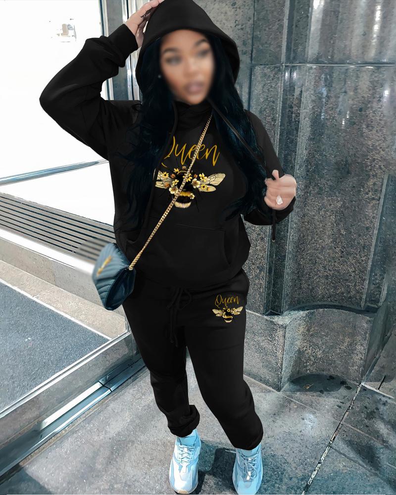 

Letter Bee Print Long Sleeve Hoodie & Pants Set, Black