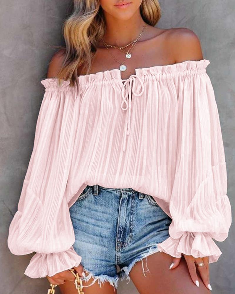 

Off Shoulder Frill Hem Lantern Sleeve Top, Light pink