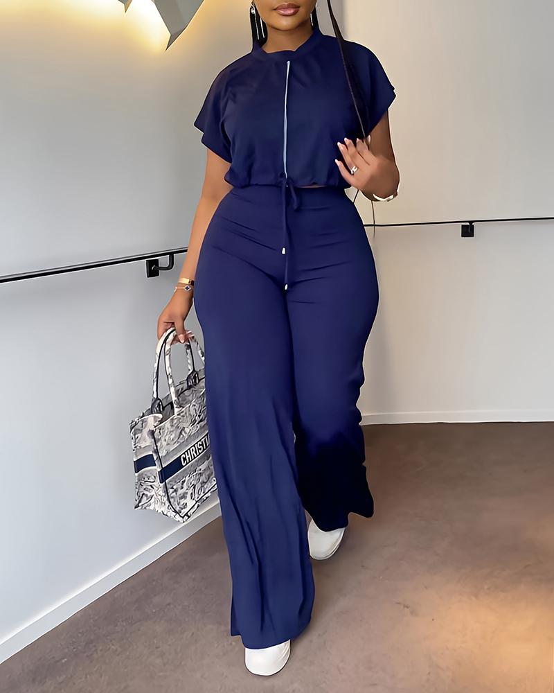 

Contrast Paneled Drawstring Top & Pants Set, Blue