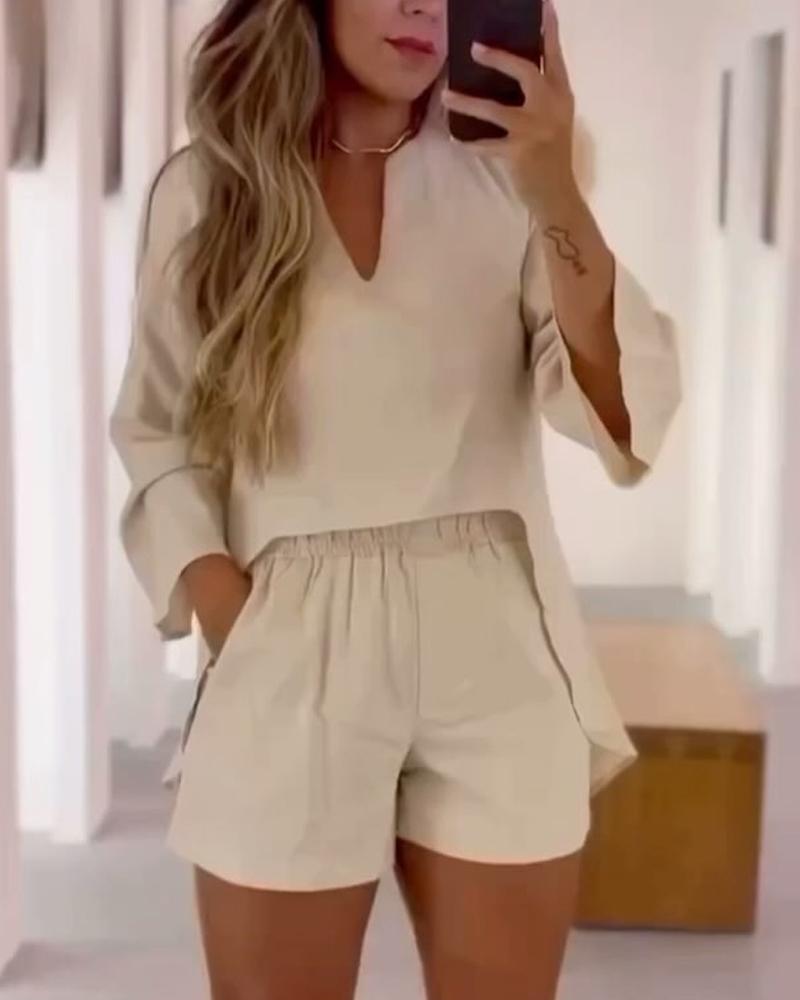 

Conjunto de pantalones cortos y top con dobladillo asimétrico y cuello de muesca, Apricot